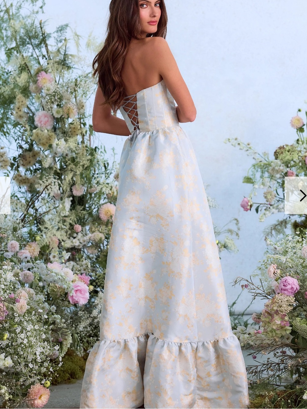 Strapless Light Blue & Gold Floral Sweetheart Maxi Dress - Picture 3 of 16